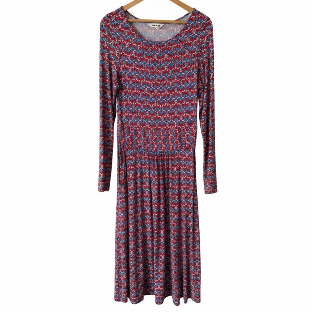 Boden Dress US 8R UK 12 Long Sleeve Red Blue Geometric Print Ecovero Jersey NWOT